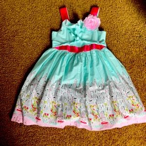 Teal dress with print of city details